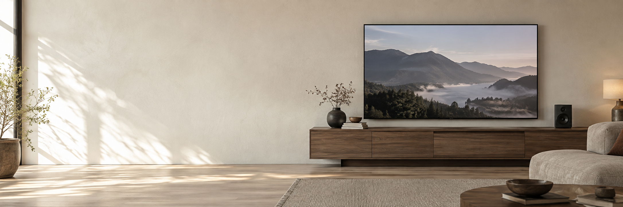 Editorial interior scene with a television and a walnut media console